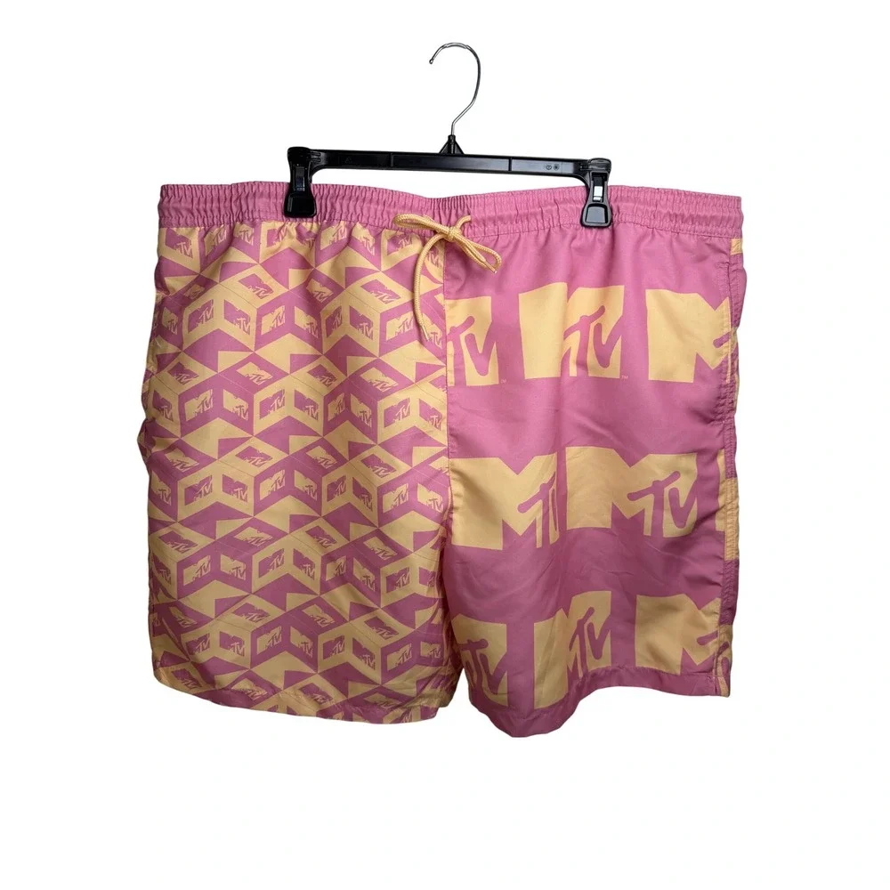 MTV Mens Pink Yellow Logo Print Swim Trunks Board Shorts XXL Retro 2024 Y2K